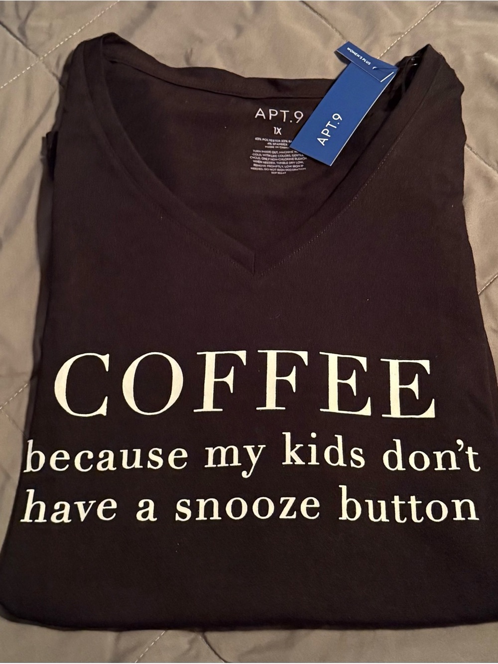 APT. 9 Women’s Plus V-Neck Tee, Size 1X, Black. “COFFEE because” graphic tee